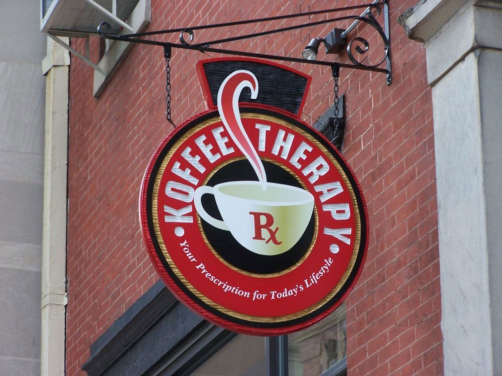 Custom building sign in Baltimore, MD for Koffee Therapy by Giovanni's Signs